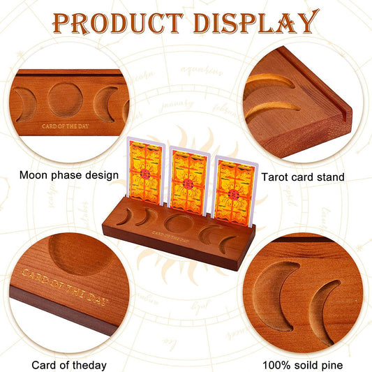Close-up of moon phase carving on wooden tarot card stand