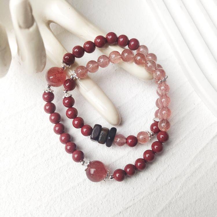 Layered strawberry quartz and agarwood bracelet