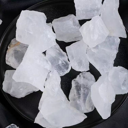 Raw clear quartz stones close view