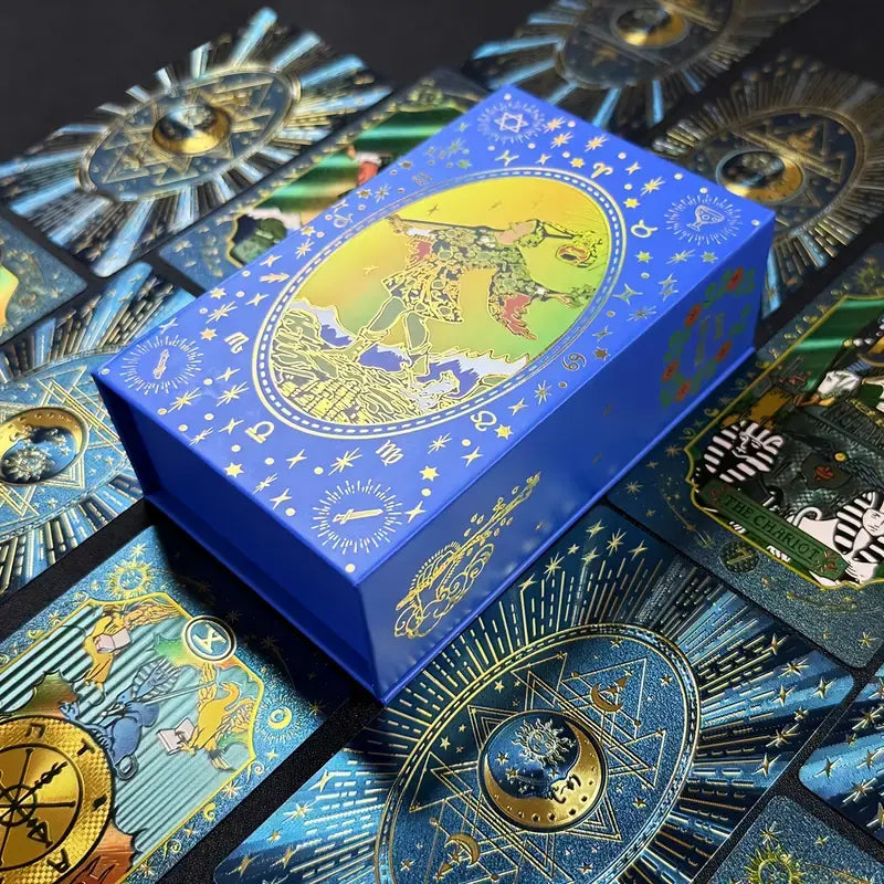 CROSARCE Blue Moon Edition: Luxury Peacock Blue Gold Foil Tarot Deck – Waterproof Teal PVC Rider – Premium Celestial Gift for Modern Witches	