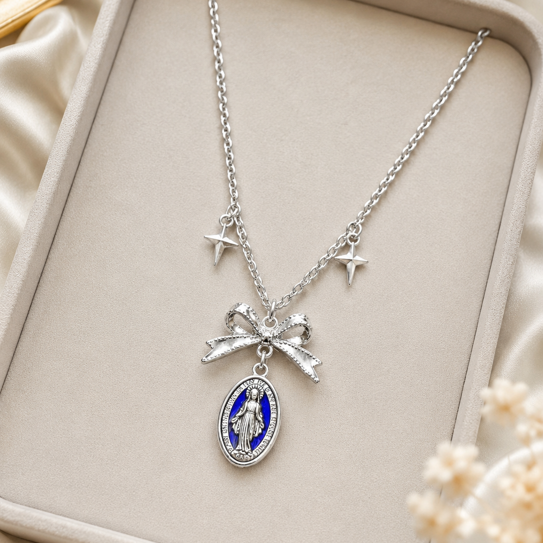 Blue Enamel Virgin Mary Pendant Necklace