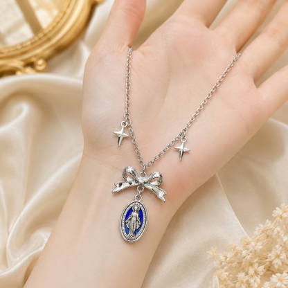 Blue Enamel Virgin Mary Pendant Necklace