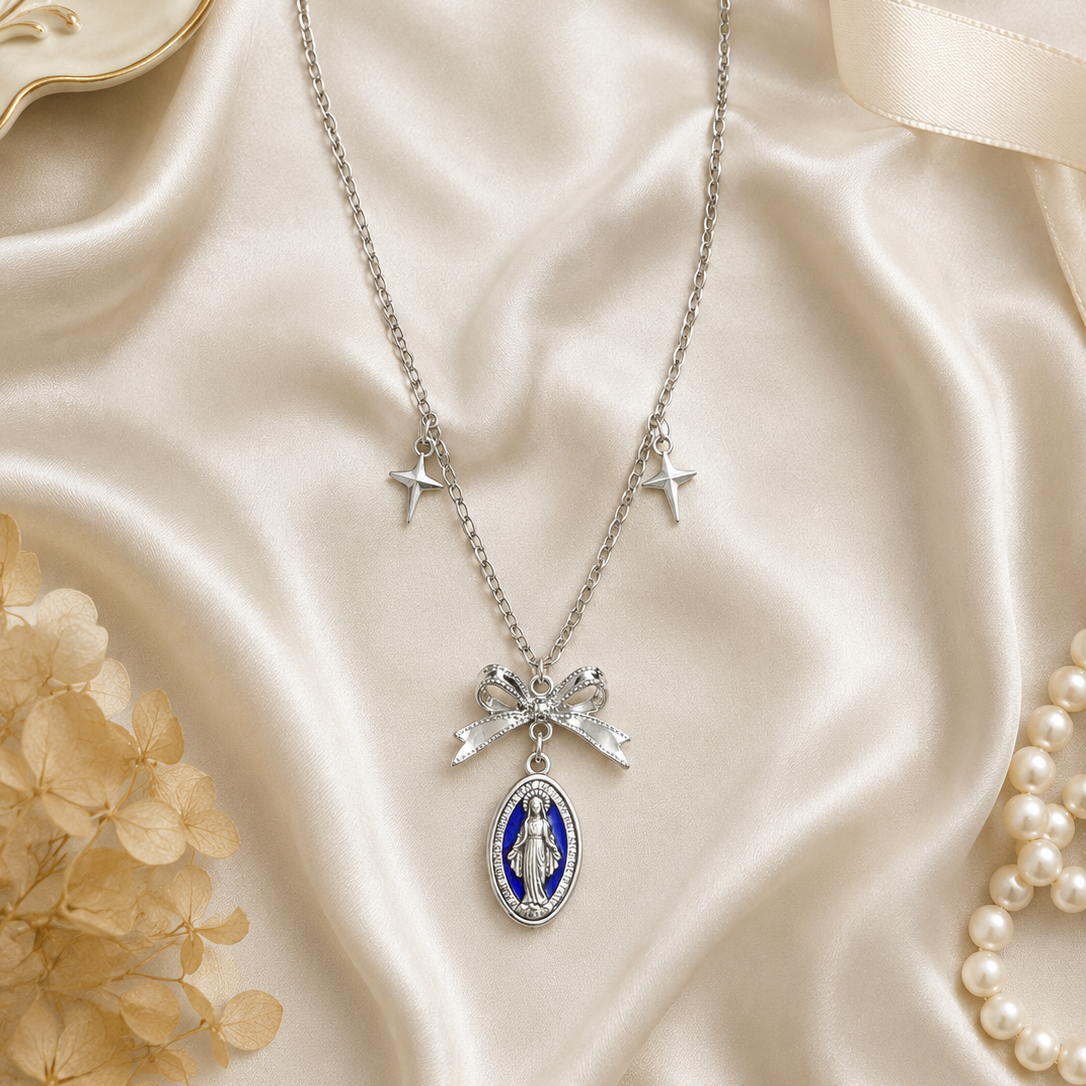 Blue Enamel Virgin Mary Pendant Necklace