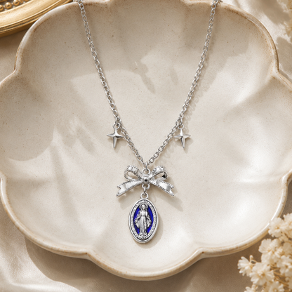 Blue Enamel Virgin Mary Pendant Necklace