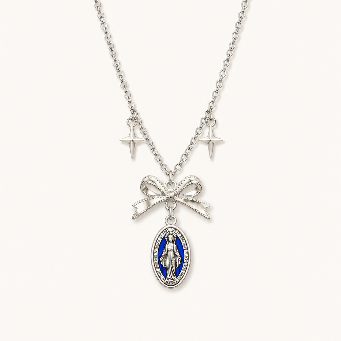 Blue Enamel Virgin Mary Pendant Necklace