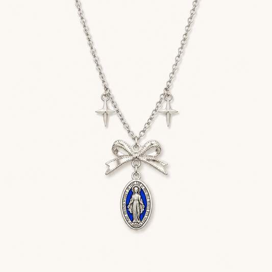 Blue Enamel Virgin Mary Miraculous Medal Necklace
