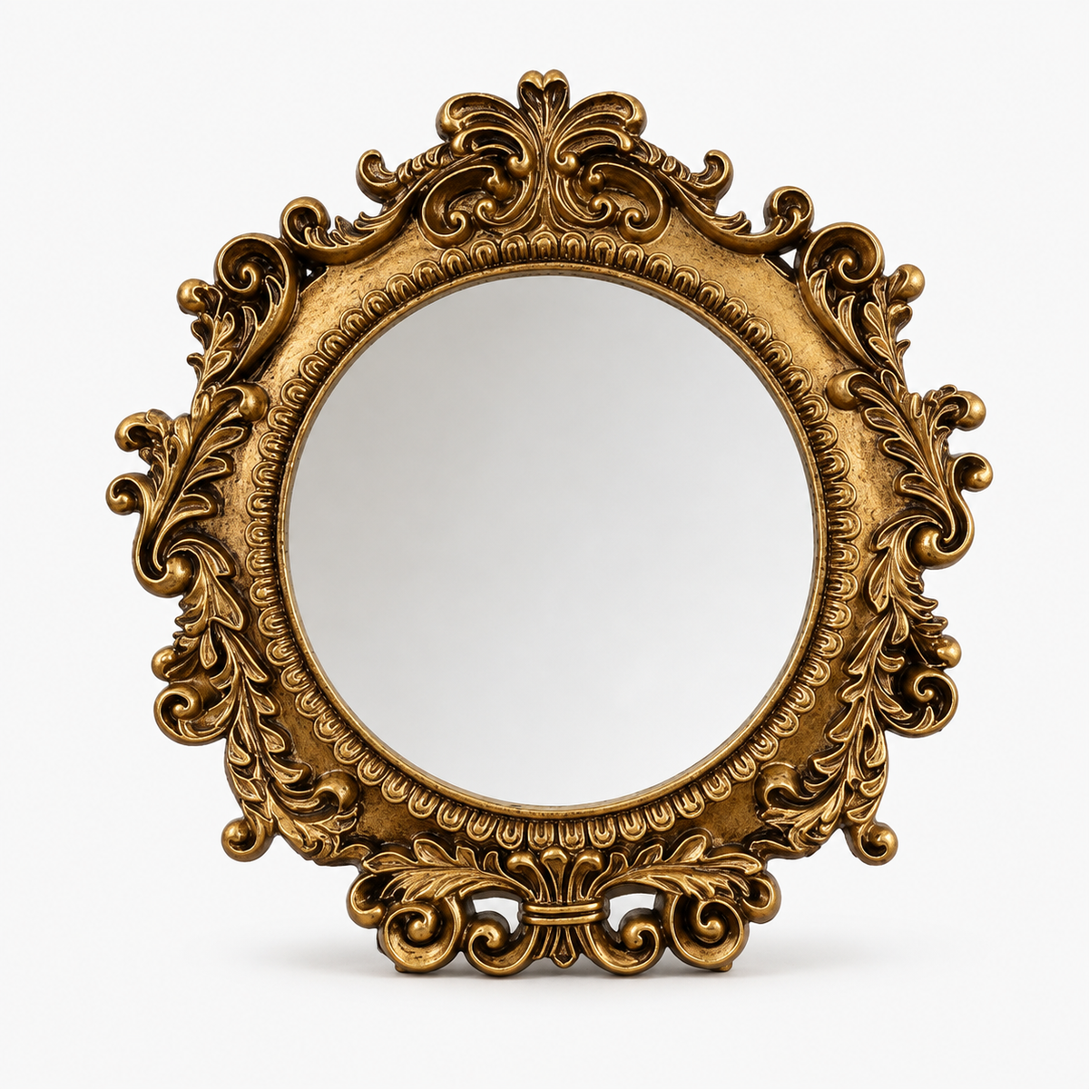 Baroque round vanity mirror on a neutral background