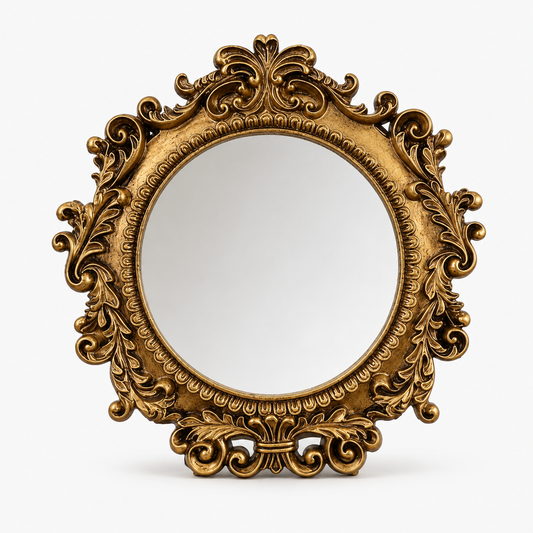Baroque round vanity mirror on a neutral background