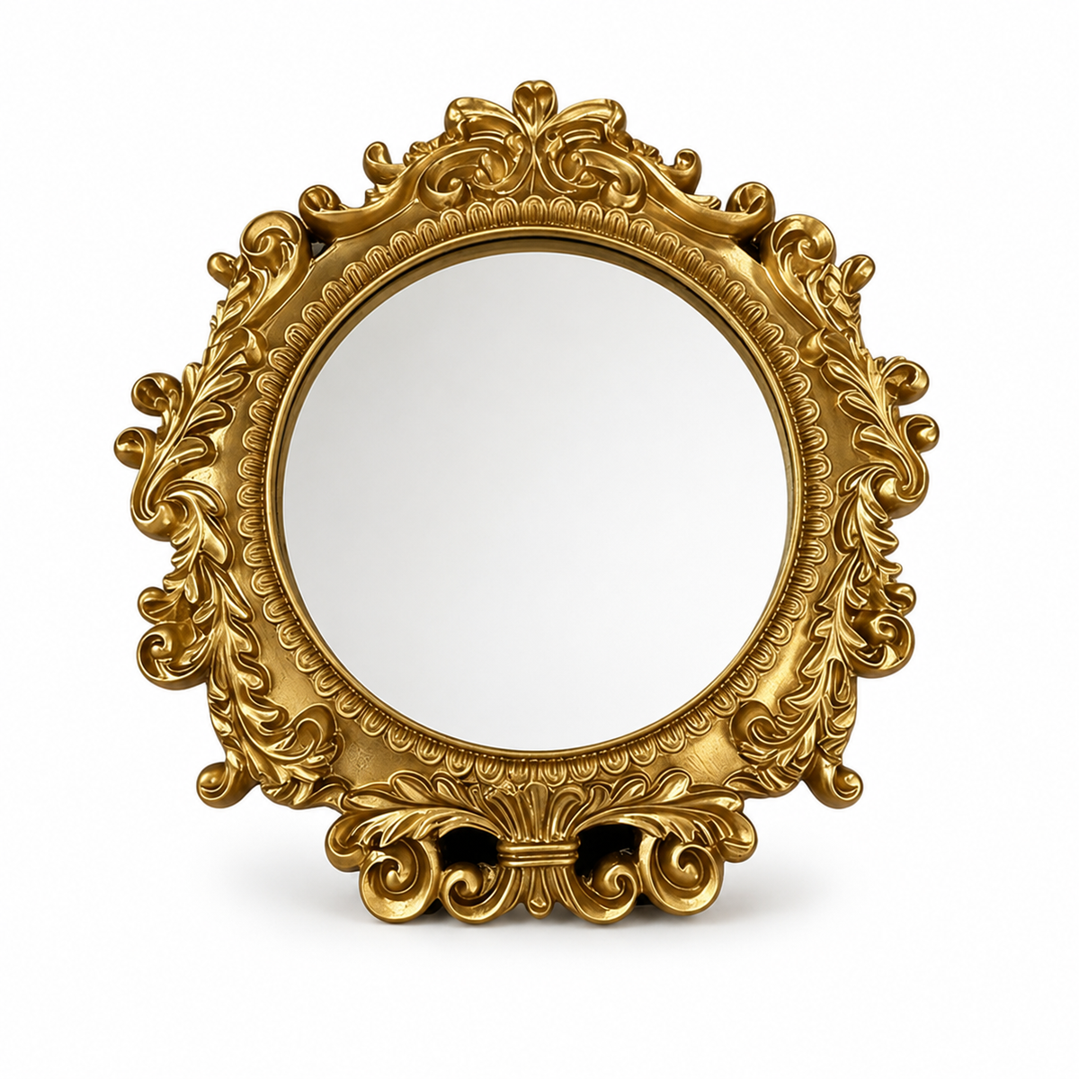 Baroque round vanity mirror alternate product view on a neutral background