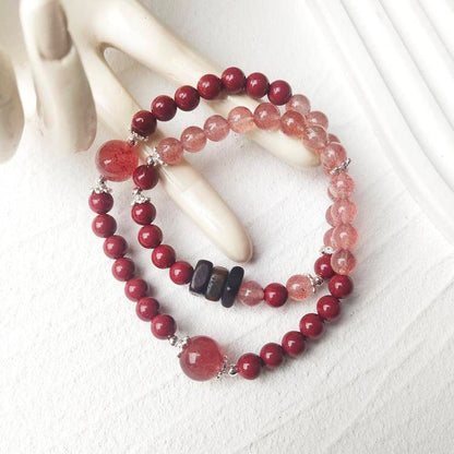 Layered strawberry quartz and agarwood bracelet