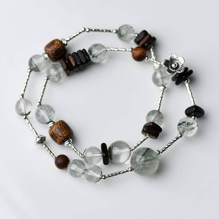 Green phantom quartz and agarwood double-wrap bracelet