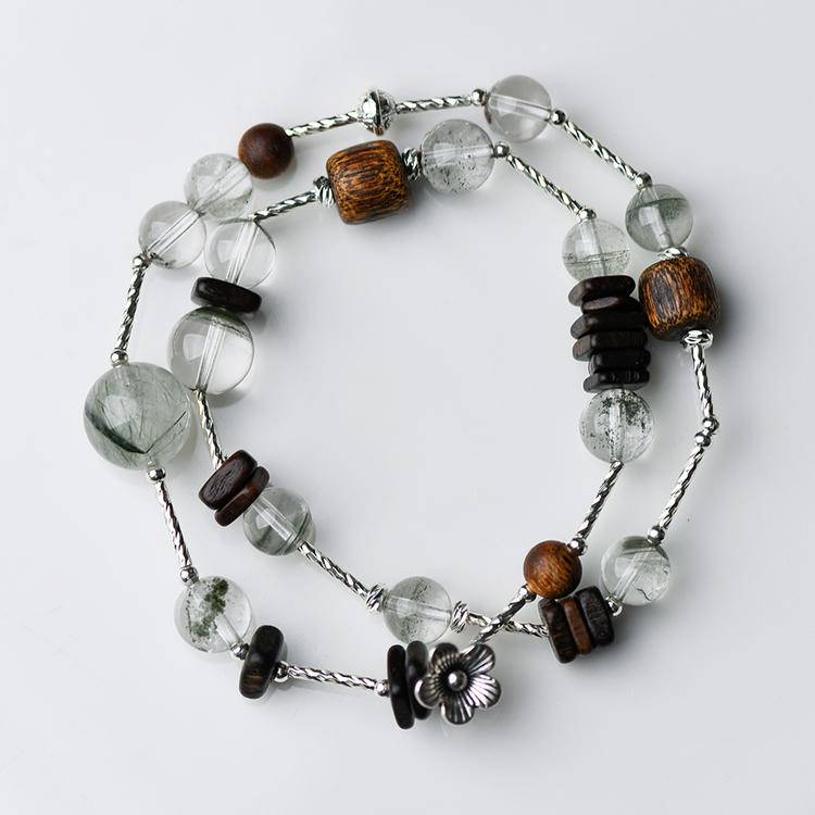 Double-wrap crystal and wood bracelet