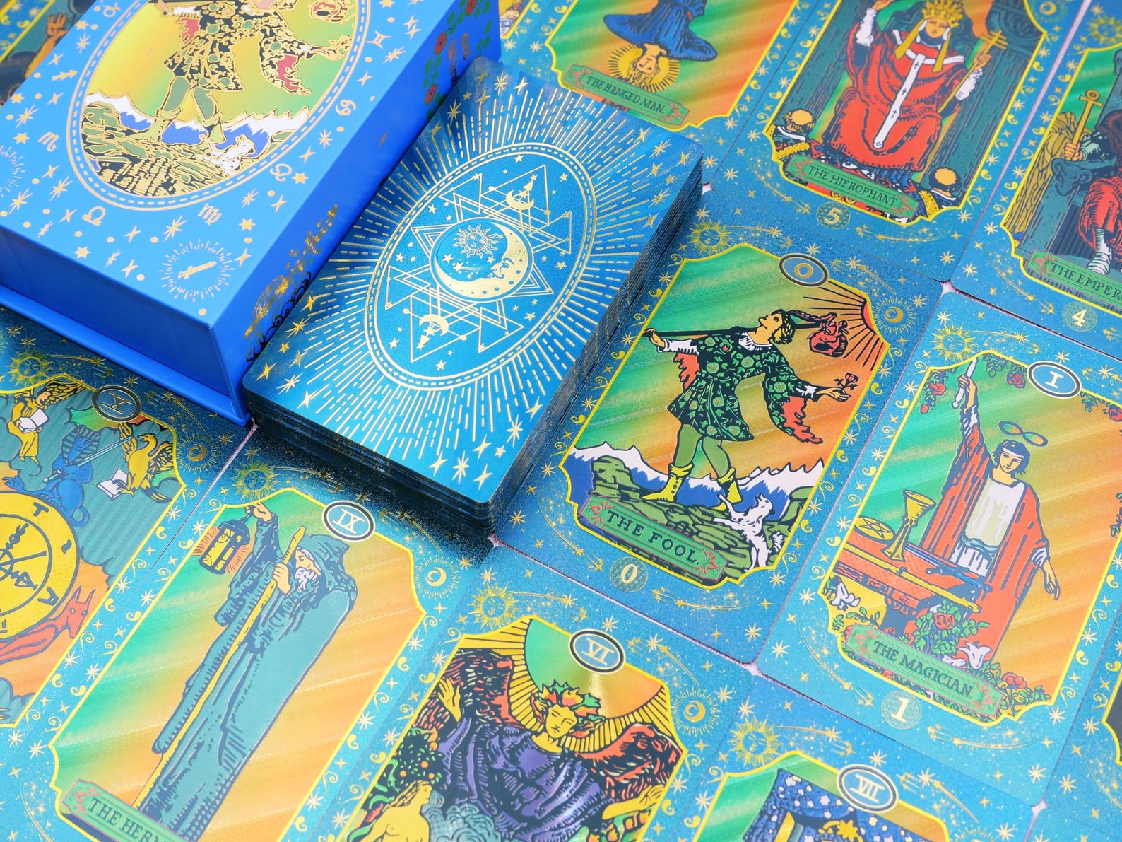 CROSARCE Blue Moon Edition: Luxury Peacock Blue Gold Foil Tarot Deck – Waterproof Teal PVC Rider – Premium Celestial Gift for Modern Witches	