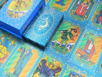 CROSARCE Blue Moon Edition: Luxury Peacock Blue Gold Foil Tarot Deck – Waterproof Teal PVC Rider – Premium Celestial Gift for Modern Witches	