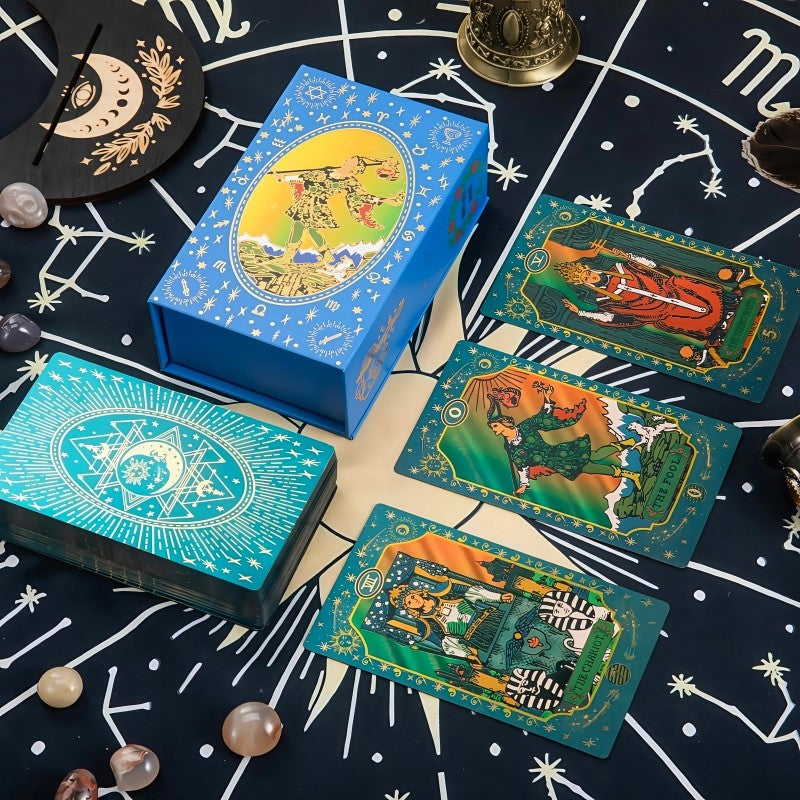 2025 New Blue Moon Back Smith Waterproof Gold Foil Tarot Cards Exclusive for Cross-Border and E-commerce	
