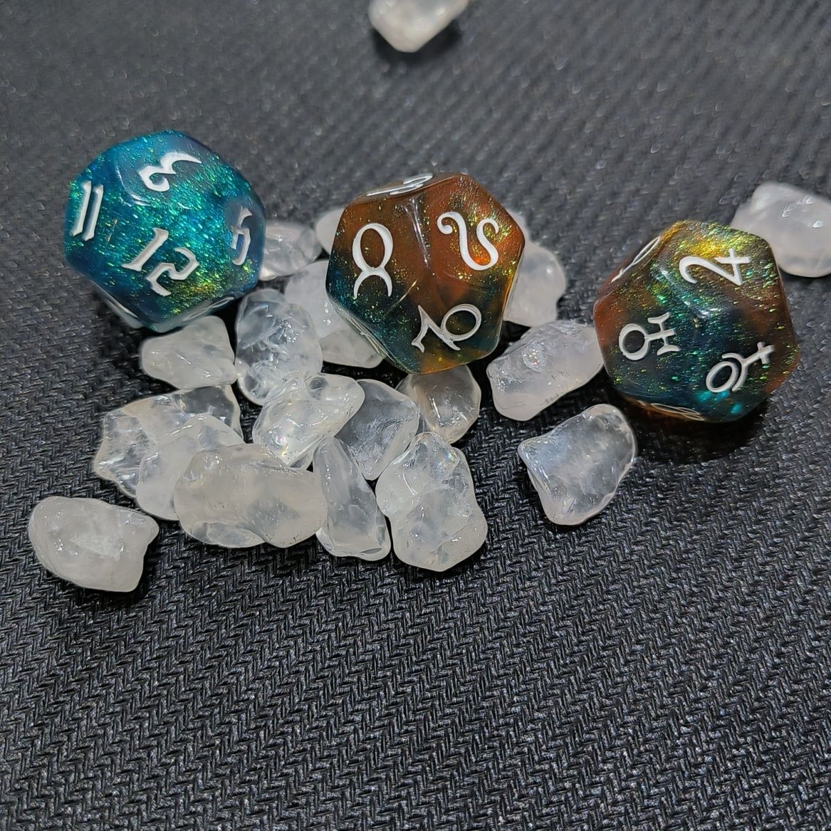 Twelve-sided astrology dice symbol detail