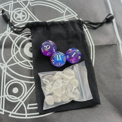Twelve-sided zodiac and planet dice detail