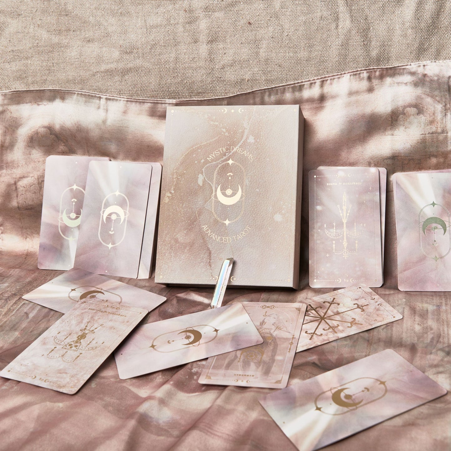 mystic dreams tarot | advanced tarot deck with vegan silk cloth and small quartz crystal	