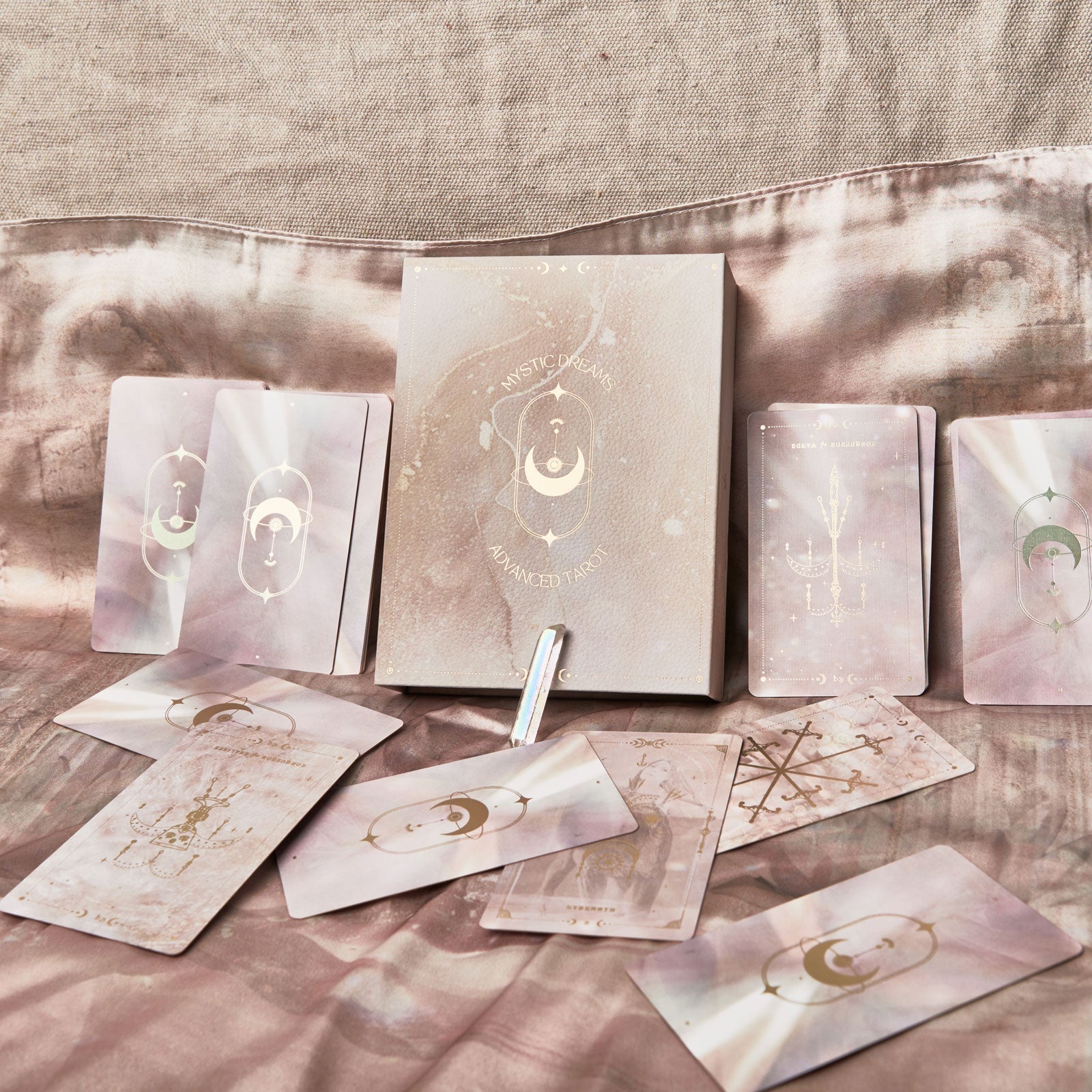 mystic dreams tarot | advanced tarot deck with vegan silk cloth and small quartz crystal	